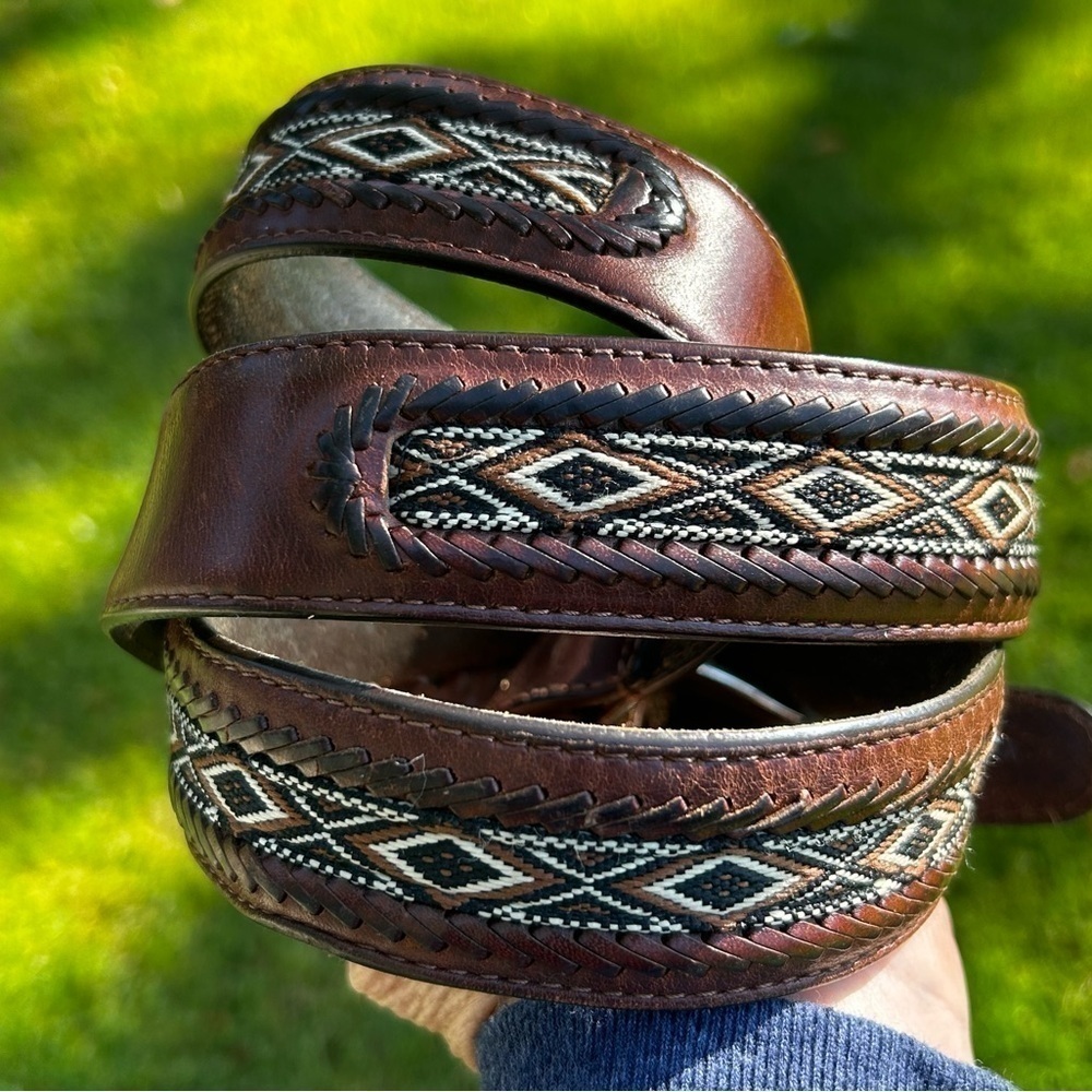 BRIGHTON Leather Belt with Woven Aztec / Western Design | Size 40”